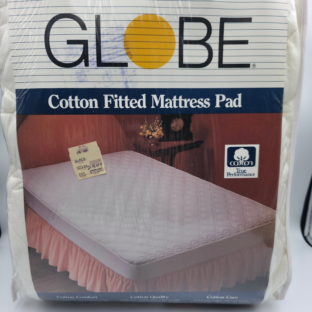 Vintage Globe King Cotton Fitted Mattress Pad Quilted Pillowtex USA White NOS